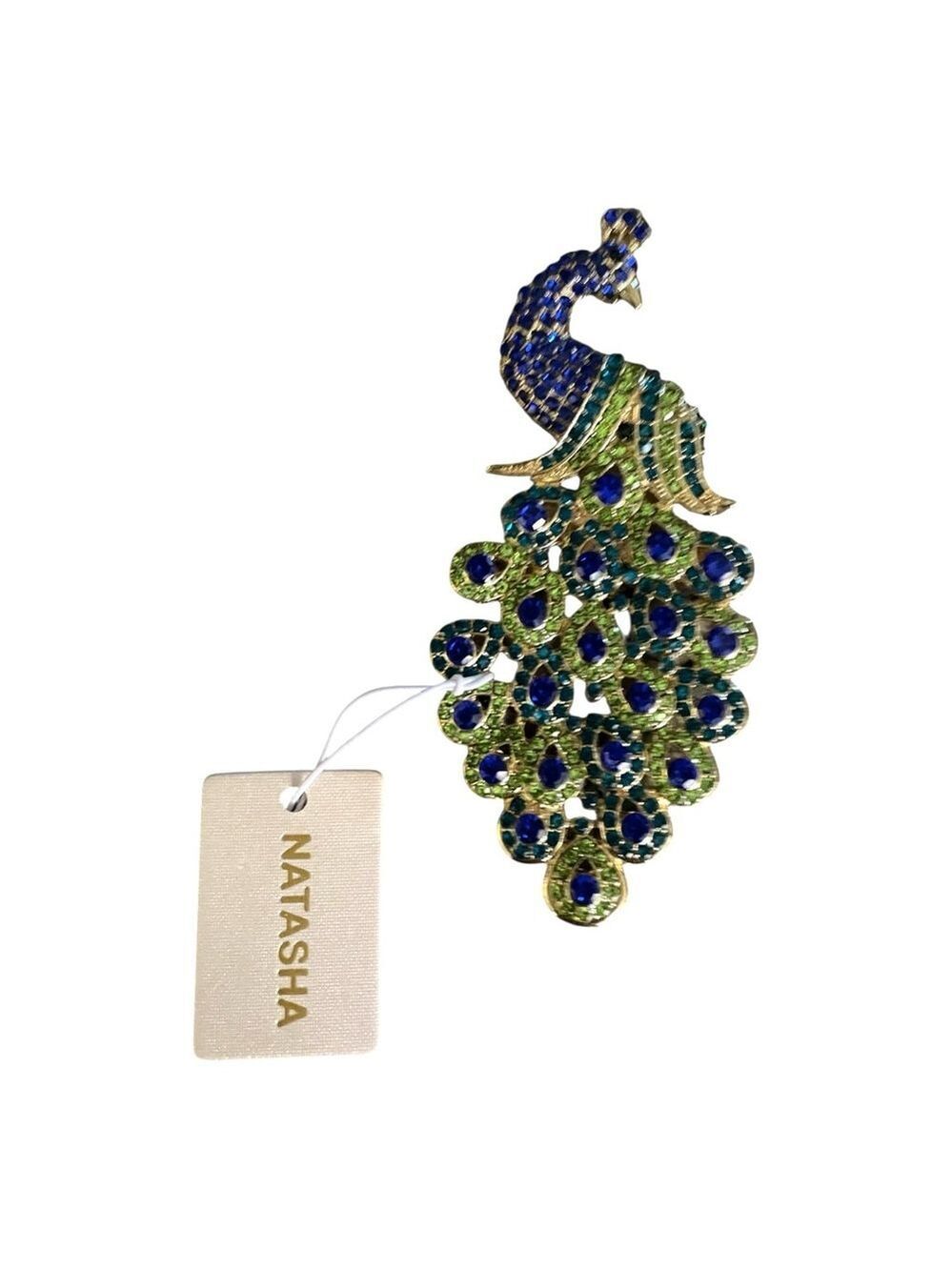 Natasha Couture Vibrant Peacock Brooch, Blue & Green Stones, Goldtone.